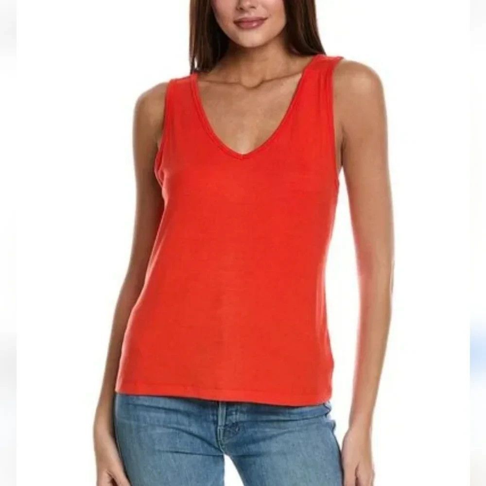 Cabi #5935 "Busy Tank" Red-Orange Ribbed Stretch Rayon Blend Top Size Medium